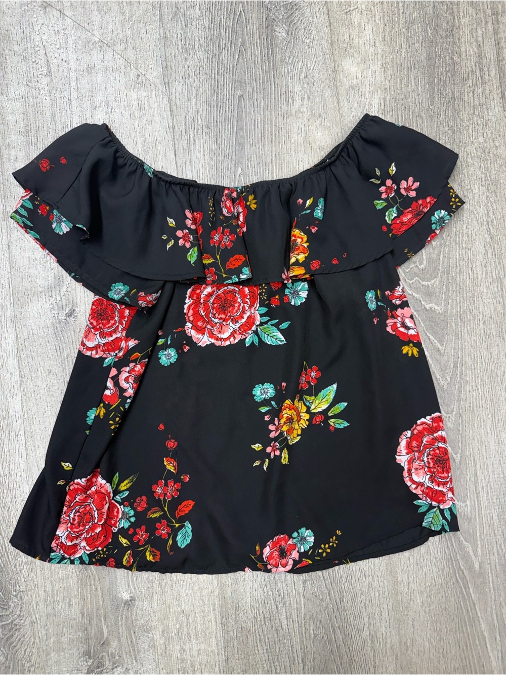 Xhilaration Black Off-Shoulder Floral Blouse with Red Roses